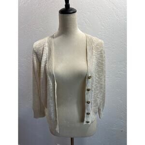 Jennifer Lopez Metallic Knit Cardigan Sweater Medium Beige Gold Button Front